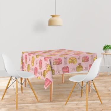 Imagem de Toalha De Mesa Quadrada Tecido Oxford Listras Rosas e Bolos -140x140cm