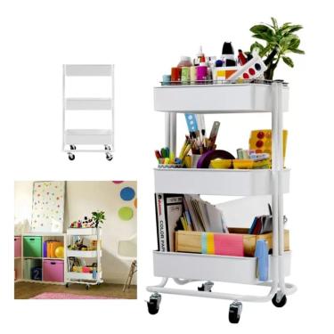 Imagem de Carrinho Multiuso Organizadora 3 Prateleiras Estante Movel Em Aço Quarto Sala Brinquedos Salao Manicure Varanda Branco