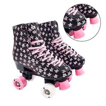 Imagem de Patins 4 Rodas Infantil Juvenil Roller Freio Stars Preto Suporta Até 6