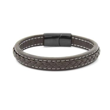 Imagem de Bracelete Masculino Couro Marrom Centro Trançado Fecho Preto em Aço  2