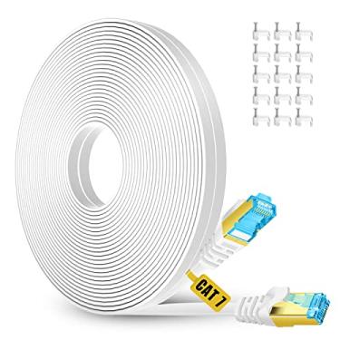 Imagem de Cabo Ethernet Cat 7 de 15 metros, branco, cabo de rede plana blindado sólido para computador de rede, mais rápido do que a rede Cat5e/Cat6, fio LAN RJ45 durável de alta velocidade para modem, roteador, jogos, cubo - 1,5 m