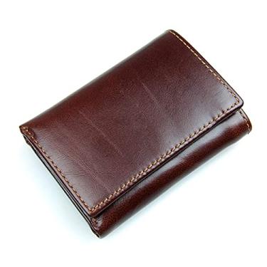 Imagem de Carteira masculina de couro legítimo com três dobras com janela para identidade, bolsos para cartão de crédito, antiradiação, antidigitalização 118 cm, marrom escuro