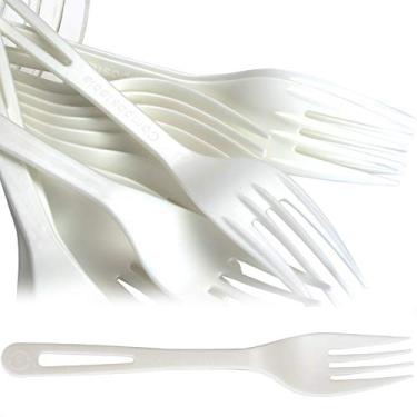 Imagem de Garfos feitos de plástico não OGM à base de plantas pacote com 25. Utensílios resistentes são certificados para compostagem, descartáveis, talheres ecológicos sem sabor de madeira. Seguro para