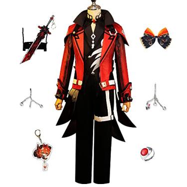 Imagem de Diluc Cosplay Roupas Novas, Fantasia Genshin Impact Vermelho Escarlate da Noite, Peruca, Sapatos de Halloween Conjunto de Roupas de Natal