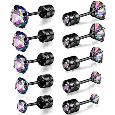 Imagem de 5 pares de brincos de aço inoxidável 316L com parafuso e costas planas de zircônia cúbica de titânio para mulheres e homens, Medium, Titânio, Zircônia cúbica