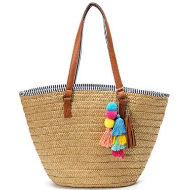 Imagem de Bolsa de praia de palha com borlas Hobo Bolsa de ombro tecida à mão com pompons, Marrom claro, One Size