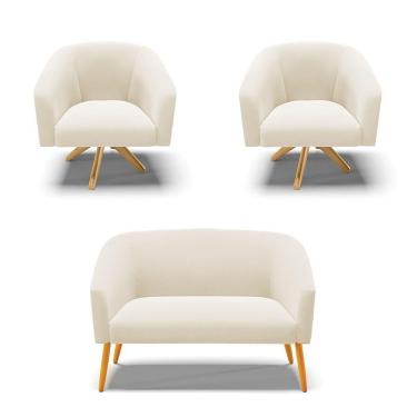 Imagem de Kit 1 Namoradeira E 2 Poltronas Giratória Bege Base Madeira