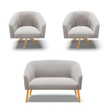 Imagem de Kit 1 Namoradeira E 2 Poltronas Cinza Base Madeira