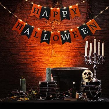 Imagem de Banners de tecido Happy Halloween Banners com cordão de luz para lareira, faixa decorativa de Halloween preta laranja para pendurar a bandeira de Halloween Halloween festa cornija suprimentos de deco