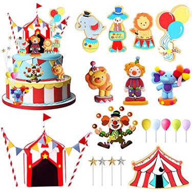 Imagem de 20 peças de topos de bolo de circo para carnaval, enfeites de cupcake de aniversário de circo, decoração de bolo de aniversário de carnaval, artigos de festa de aniversário de circo para decoração