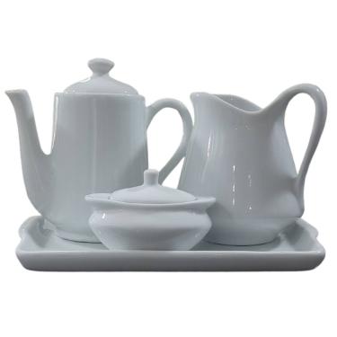 Imagem de Jogo Café e Chá Mesa Posta, Bandeja + Bule Bico Longo 550ml + Açucareiro100ml + Jarra Leiteira 700ml - Kit Porcelana