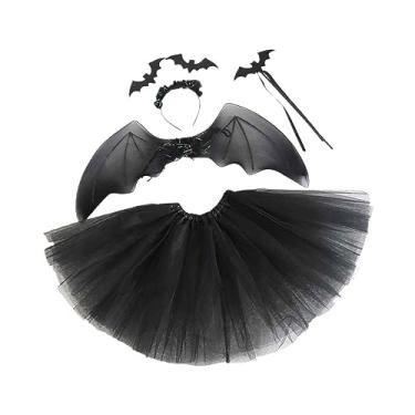 Imagem de Conjunto de fantasias de dia das bruxas asa de morcego bandana para vestir aro de cabelo foto adereços com varinha tutu saia para mulheres meninas, morcego de asas longas