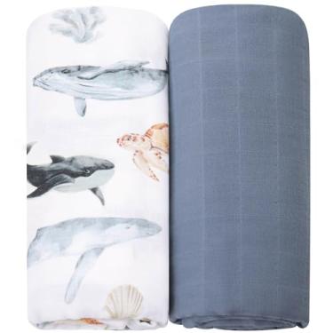 Imagem de LifeTree Cobertores de enfaixar para bebês, cobertores de musselina orgânica neutra para meninos e meninas recém-nascidos, 100% algodão orgânico, grande 119 x 119 cm, animais marinhos e azul marinho