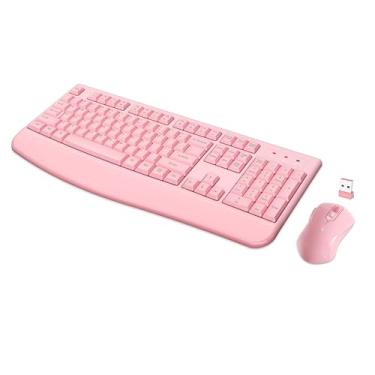 Imagem de Combo de teclado e mouse sem fio, teclado sem fio de 2,4 GHz com descanso para as mãos confortável e mouse óptico para Windows, Mac OS, PC/desktops/computadores/laptops (rosa completo)