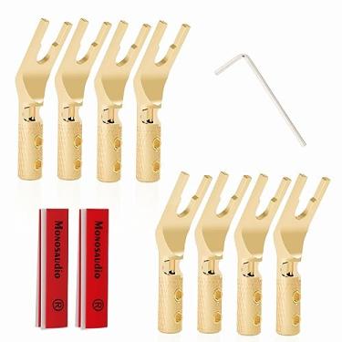 Imagem de Monosaudio Conectores de plugue espada, cobre puro, parafuso de 45 graus, conector Y Spade Plug, 8 peças de terminal de fio de alto-falante com tubos termorretráteis para cabo de alto-falante DIY de 6
