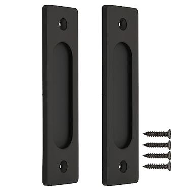 Imagem de Puxadores de dedo de 15 cm para bolso de armário - conjunto de maçanetas deslizantes de porta de celeiro - placa retangular com alça embutida - estilo rústico de fazenda - preto fosco - pacote com 2