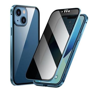 Imagem de KOMISS Capa antiespiar para iPhone 14Pro Max/14 Pro/14 Plus/14, [proteção completa] protetor de vidro dupla face com adsorção magnética, capa de metal transparente, azul, 14 Pro Max de 6,7 polegadas
