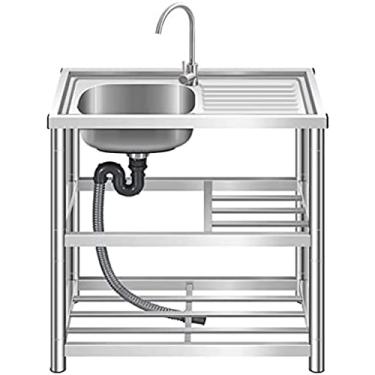 Imagem de Pia de cozinha de aço inoxidável, pedestal de aço inoxidável 201, tigela única com pia com mesa, 3 camadas, torneira 360 °, banheiro, garagem, armazém, bacia única esquerda, B