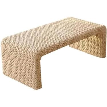 Imagem de Mesa de centro de vime de palha de madeira, mesa de jantar pequena, mesa curta para cerimônia de chá, mesa retangular pequena para varanda