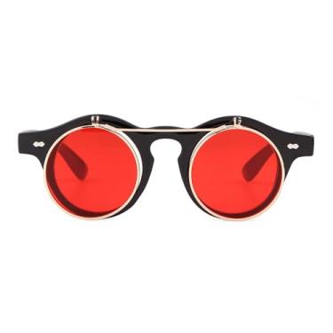 Imagem de JRLLFD Óculos de sol vintage redondo steampunk flip up masculino, óculos de sol tipo concha, C6 PRETO VERMELHO, tamanho único