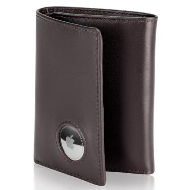 Imagem de Stealth Mode Carteira masculina com bloqueio de RFID com suporte para Airtag – dobra tripla com 9 compartimentos para cartão de crédito, janela para identidade, compatível com Apple Air Tag, couro Napa, grande capacidade, Café, Carteira masculina de couro com três dobras RFID