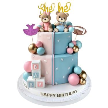 Imagem de 34 peças de topo de bolo revelador de gênero - decorações de bolo de bolas de urso com enfeite de bolo para meninos e meninas revelação de gênero chá de bebê suprimentos de festa de aniversário