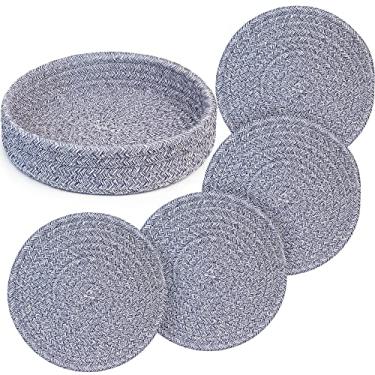 Imagem de AmapleL 9" Trivets para Pratos Quentes, Trivets(Conjunto de 4) para Potes e Panelas Quentes Suporte + 1 Pacote de Cesta de Armazenamento de Cozinha, 100% Algodão Redondo Hot Pads- (Grande, Azul)