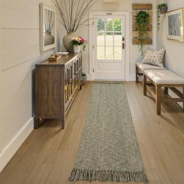 Imagem de Collive Tapete de corredor longo de 7 x 25 cm, tapete lavável para corredor de entrada, tapete de corredor de cozinha trançado natural/verde reversível para porta de lavanderia