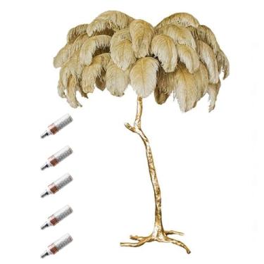 Imagem de Luminária de chão, luminária de chão moderna de penas de avestruz de resina dourada, lâmpada de pé romântica, 3 cores, regulável com interruptor de pé, para sala de estar e quarto