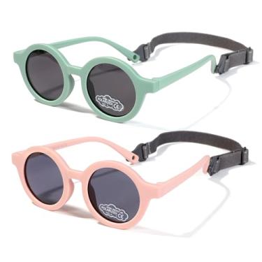 Imagem de FLJMRAVER Óculos de sol redondos polarizados de borracha flexível com alça para bebês recém-nascidos de 0 a 24 meses, B2* Verde fosco/cinza + rosa fosco/cinza, Small