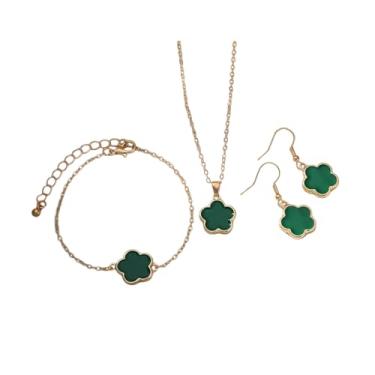 Imagem de Conjunto de colar e pulseira de flores multicoloridas, conjunto de joias de flores de trevo de cinco folhas para presente feminino, Zinco, Sem Pedra Preciosa