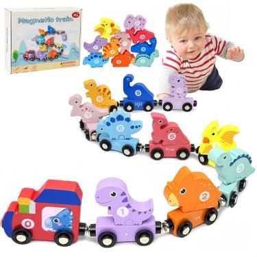 Imagem de Conjunto de trem de madeira: brinquedos de trem de dinossauro para crianças de 2 a 5 anos