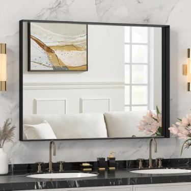 Imagem de DENRICK Espelho de banheiro com moldura de metal preto de 76 x 91 cm para parede, espelhos de banheiro preto escovado, antiferrugem, vidro temperado, pendurado horizontal ou verticalmente