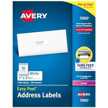 Imagem de Avery Etiquetas de endereço com alimentação segura para impressoras a laser, 1" x 2-5/8", 7.500 etiquetas (5960), brancas