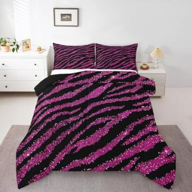 Imagem de Feelyou Conjunto de edredom de zebra, tamanho casal, listras rosa choque, para meninos, meninas, adolescentes, glitter, mulheres e homens, conjunto de edredom com estampa animal e 2 fronhas
