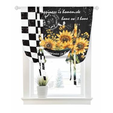 Imagem de YOKOU Cortinas de amarrar, vaso de girassol, verão, ajustável, bolso para varão, balão, persiana para janela, para cozinha, banheiro, quarto, 86 x 113 cm de comprimento, xadrez preto e branco