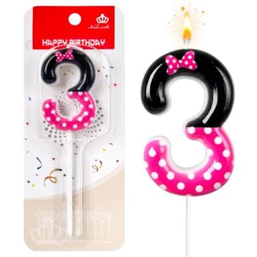 Imagem de JonesLi 3º Velas de aniversário rosa e pretas para meninas, decorações de terceiro aniversário para meninas, enfeite de bolo de rato rosa, decoração de cupcake, decoração de festa de aniversário com