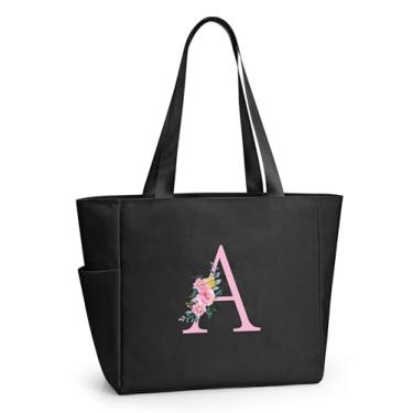Imagem de KALIDI Sacola de praia personalizada, bolsa de compras com zíper inicial do alfabeto para mãe, professora, amiga, casamento, compras diárias, Preto - A, Large