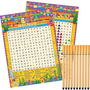 Imagem de Skyygemm Conjunto de 41 peças Fiesta Mexican Fiesta jogo de cartas de busca de palavras com tema mexicano para 30 jogadores com 1 chave de resposta e 10 canetas aquarela para festa cinco de maio