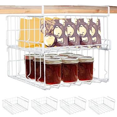 Imagem de Cesta de armazenamento suspensa sob a prateleira, 2 pacotes dobrável sob o armário de metal organizador de arame para cozinha despensa estante escritório casa, fácil de instalar deslizante sob prateleiras (branco)