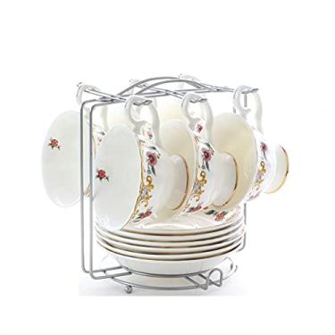 Imagem de AKALNNB Conjunto de xícara de chá, conjunto de chávenas de chá de cerâmica, feito à mão, porcelana, café, chá, com 6 pires, 6 xícaras, 6 pires, 1 suporte de metal