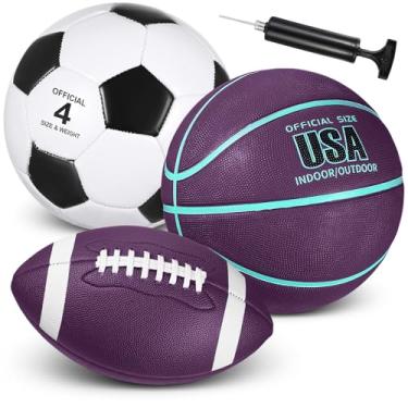 Imagem de Libima O conjunto de 3 bolas esportivas inclui tamanho oficial 5 basquete 4 futebol 6 futebol americano com bomba e bolsa de transporte para presente (roxo)