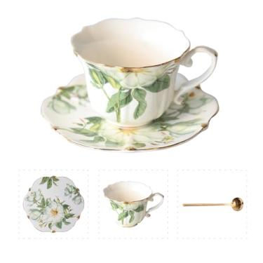 Imagem de Conjunto de xícara de chá e pires de porcelana floral vintage com colher, acabamento dourado, 181 g – conjunto de 1, verde – xícaras de chá e café expresso e café (1, camélia branca)