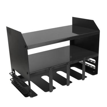 Imagem de WBTY Organizador de ferramentas elétricas, 4 compartimentos, estrutura de ferro, suporte de broca compacto multifuncional, armazenamento de oficina de montagem na parede (preto)