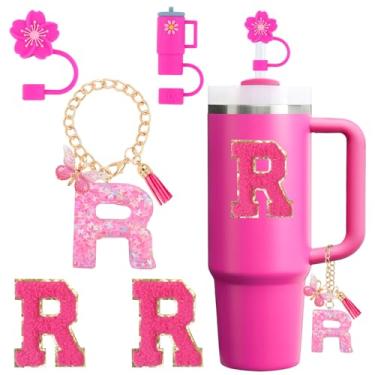 Imagem de Conjunto de acessórios de copo para copo Stanley Cup 850 g 1,134 g com alça, incluindo tampa de cobertura de palha de silicone, pingente de alça, adesivo de iniciais fúcsia (R)