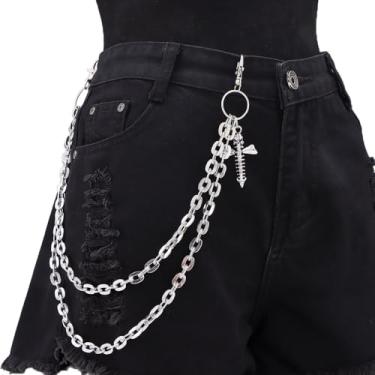 Imagem de DIKJAK Corrente de caveira gótica e cruz de camada dupla para calça jeans - Chaveiro de cintura punk hip hop, acessório para jeans, carteiras e dança de rua, prata, Prata, 20.0 Inches