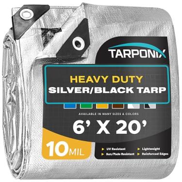 Imagem de Tarponix Lona resistente de dupla face de 1,8 m x 5,8 m – capa prateada e preta resistente a rasgos de 10 mil com bordas reforçadas e ilhós antiferrugem