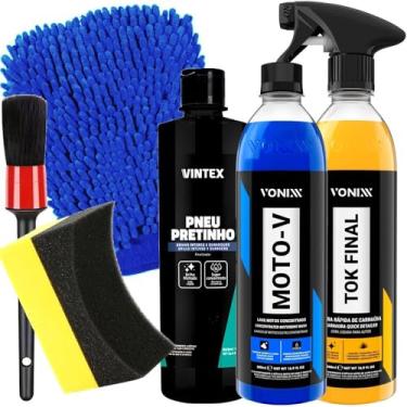 Imagem de Kit Lavagem de Moto Produto para Lavar Shampoo Moto-V Vonixx Tok Final Pneu Pretinho Luva Pincel e Aplicador