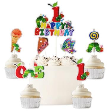 Imagem de Very Hungry Little Green Caterpillar Cake Topper Decorations - Cartoon Little Green Caterpillar Butterfly Happy 1st Birthday Cake Decor,Children's Reading Story First Birthday Party Decorations