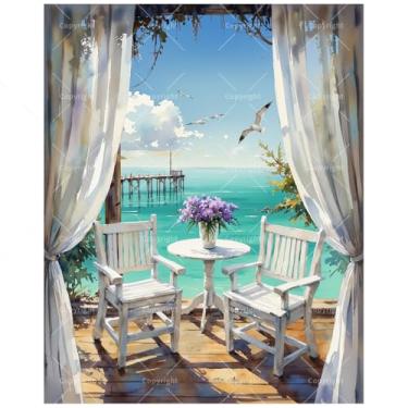 Imagem de TAOPAOLAB Kit de pintura de terraço à beira-mar por números para adultos – pintura de varanda com vista para o oceano faça você mesmo em tela 40,6 x 50,8 cm, conjunto de tinta acrílica, adequado para